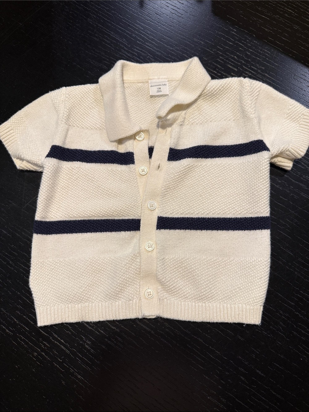 Abercrombie & Fitch Cream Short-Sleeve Knit Button Cardigan with Navy Stripes